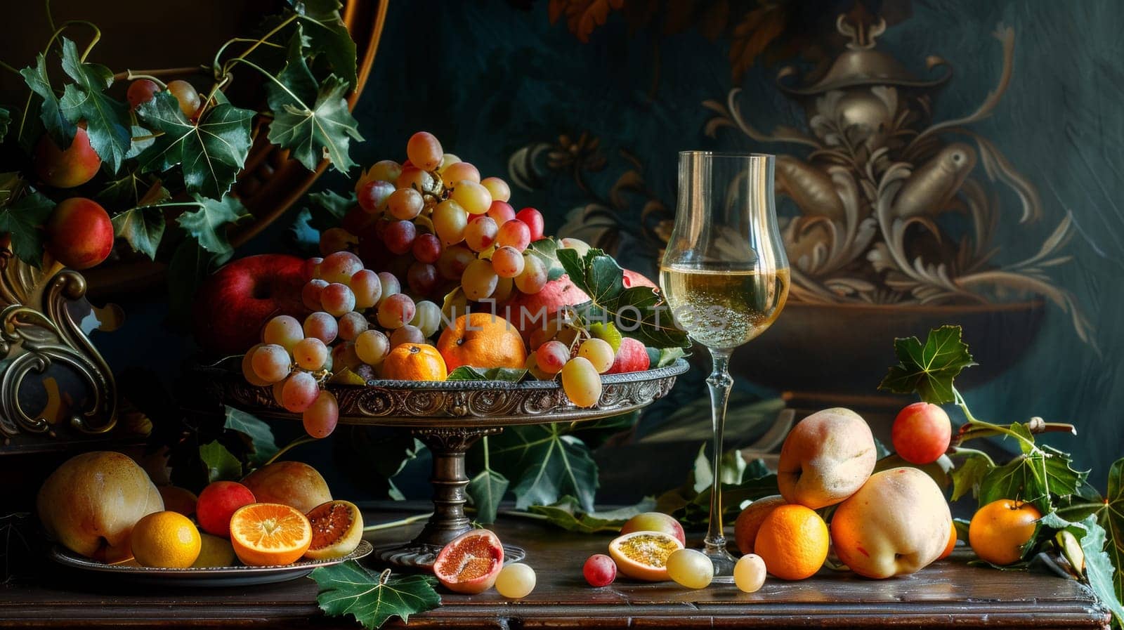 A table with a bowl of fruit and wine on it