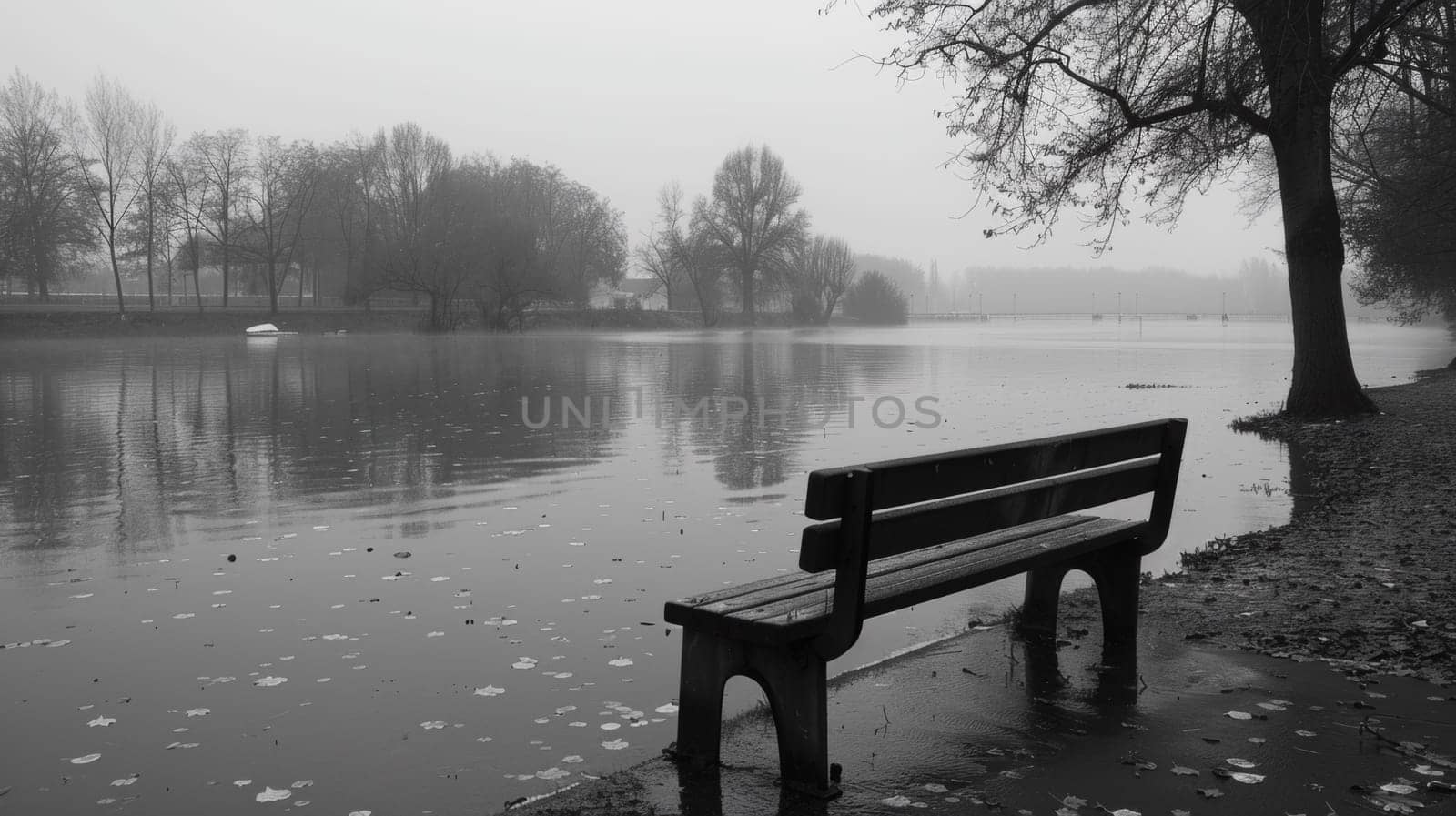 A bench sitting on a wet shore next to the water