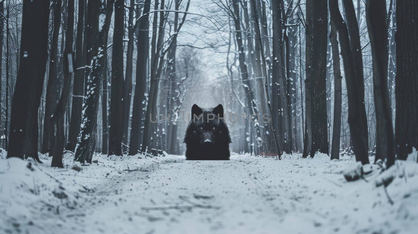 A black wolf in the middle of a snowy forest