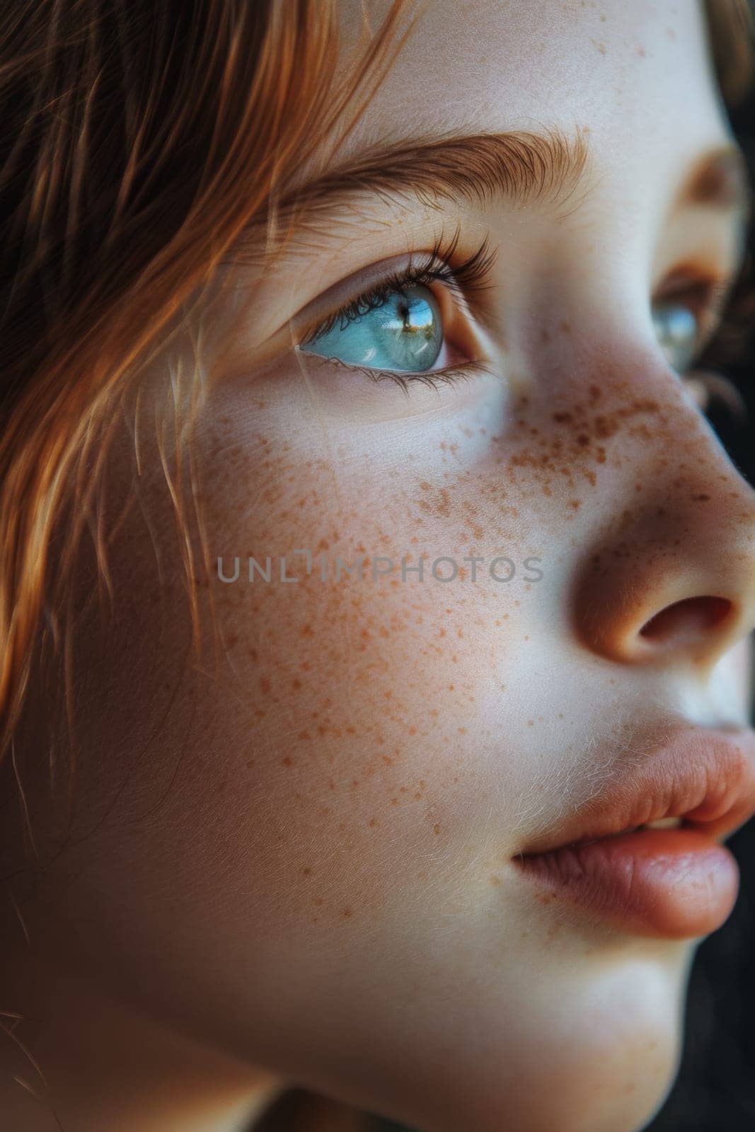 A close up of a young girl with freckles and red hair