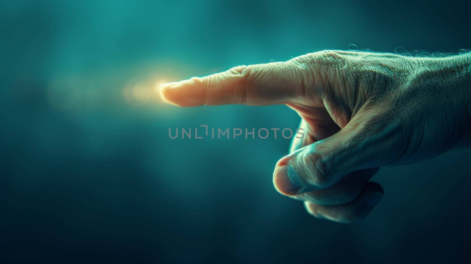 A hand pointing at something with a glowing light coming from it