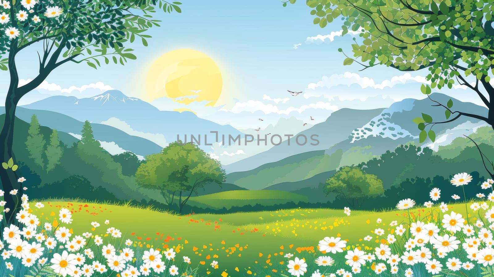 A beautiful landscape with flowers and trees in the distance