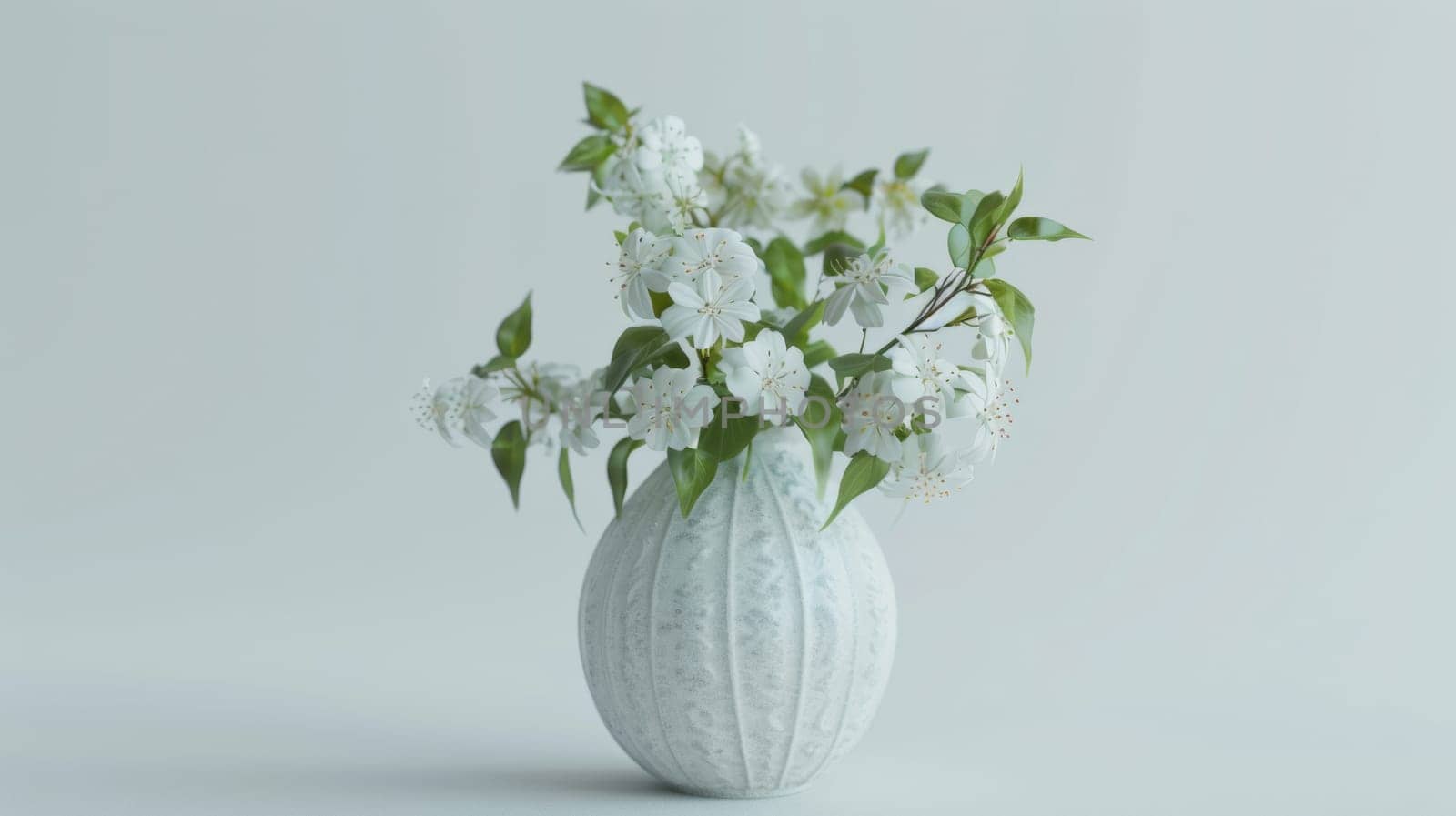 A white vase with flowers in it on a gray background