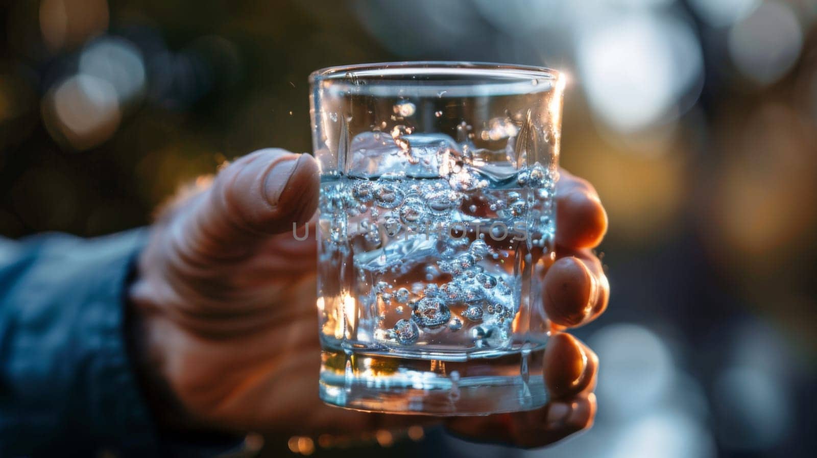 A person holding a glass of water with ice cubes in it