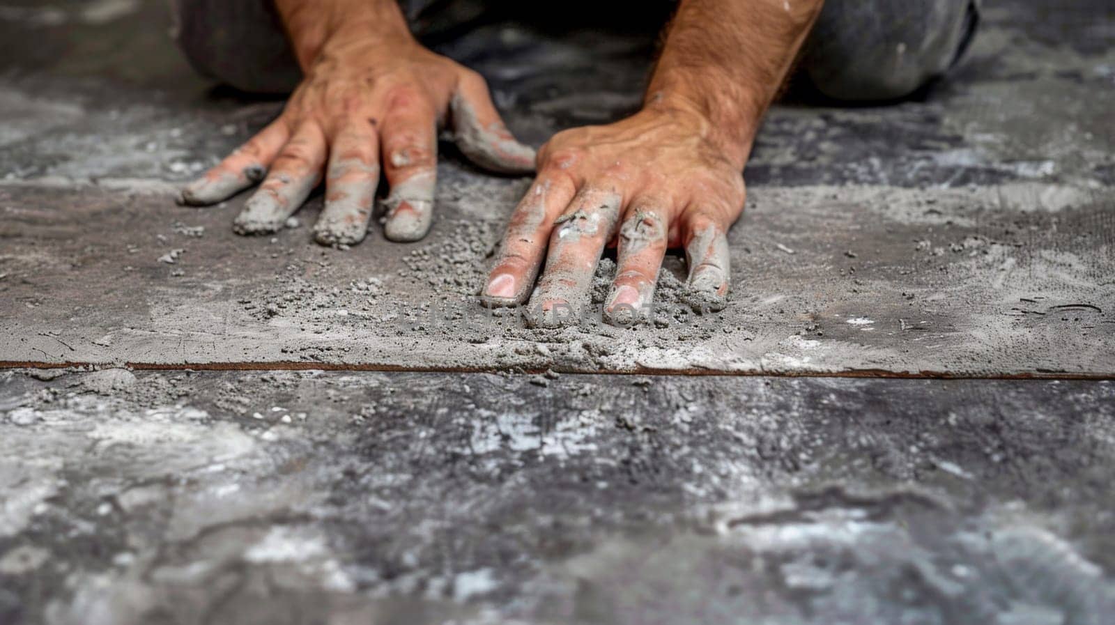 A man laying on the floor with his hands in a pile of cement