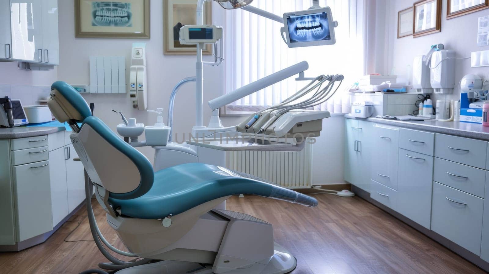A dentist's office with a blue chair and an x-ray machine