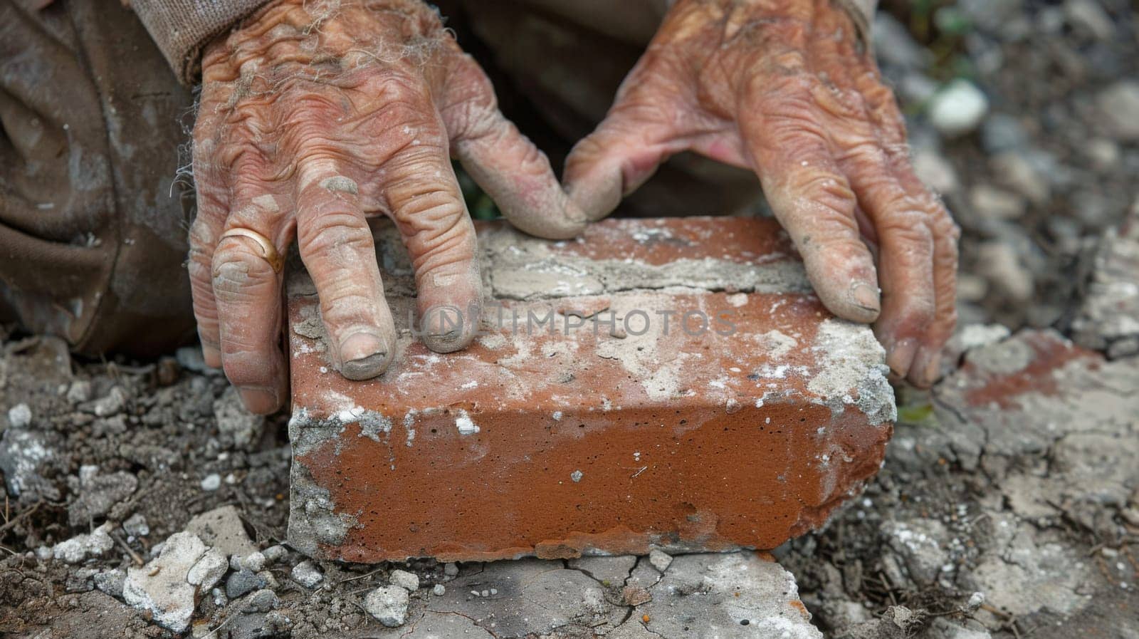 A man is working on a brick with his hands