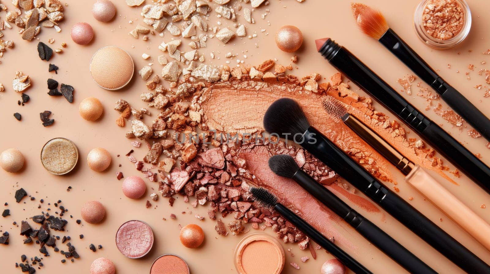 A bunch of makeup brushes and some powder on a table