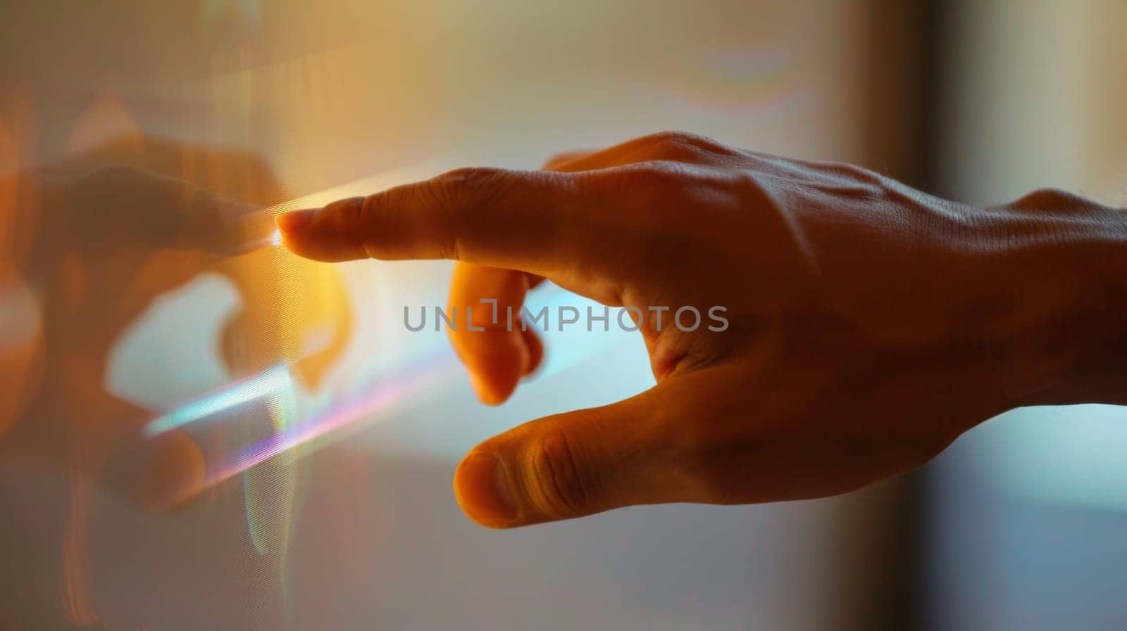 A hand is touching a glass surface with the index finger