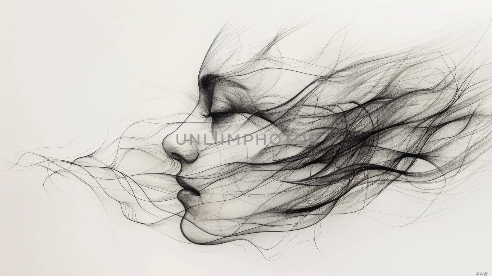 A drawing of a woman's face with long hair