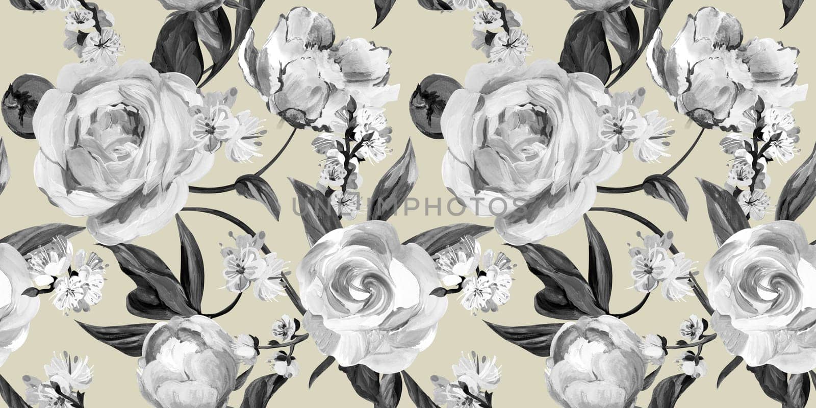 Botanical seamless pattern with peonies and sakura branches drawn in gouache for textile and design