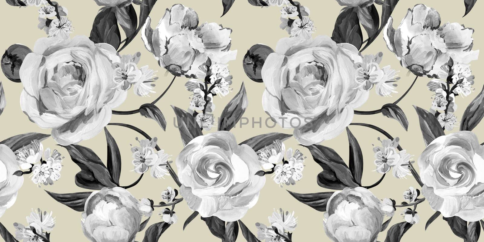 Botanical seamless pattern with peonies and sakura branches drawn in gouache for textile by MarinaVoyush