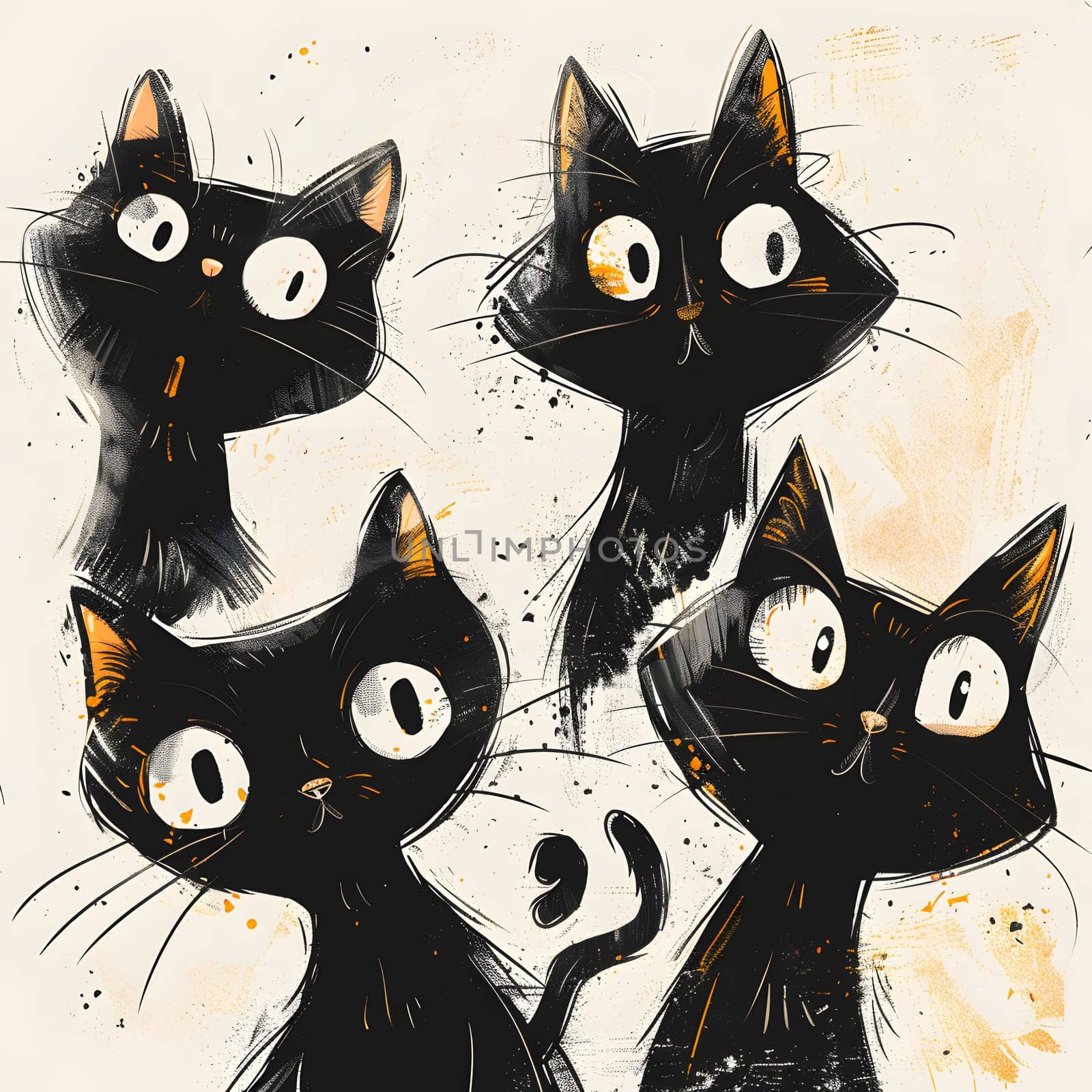 An art paint depicting four small to mediumsized cats from the Felidae family with black fur and striking white eyes, showcasing their whiskers and snouts