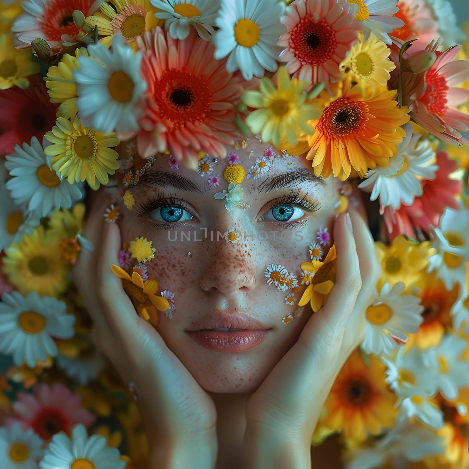 The woman looks happy with a flower wreath on her head, showcasing the art of visual arts. The yellow petals and electric blue plant create a stunning closeup, emphasizing her beauty