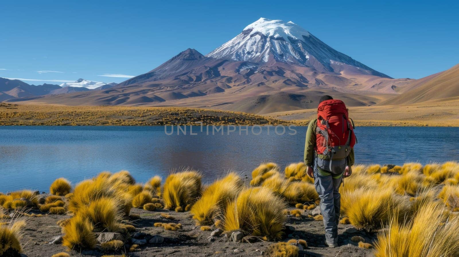 A man with a backpack standing near water and mountains