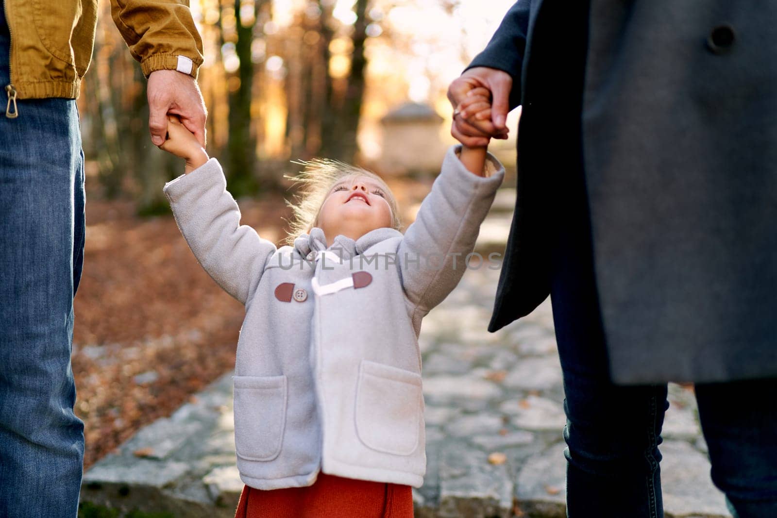 Little girl holds her parents hands with her head up. Cropped by Nadtochiy