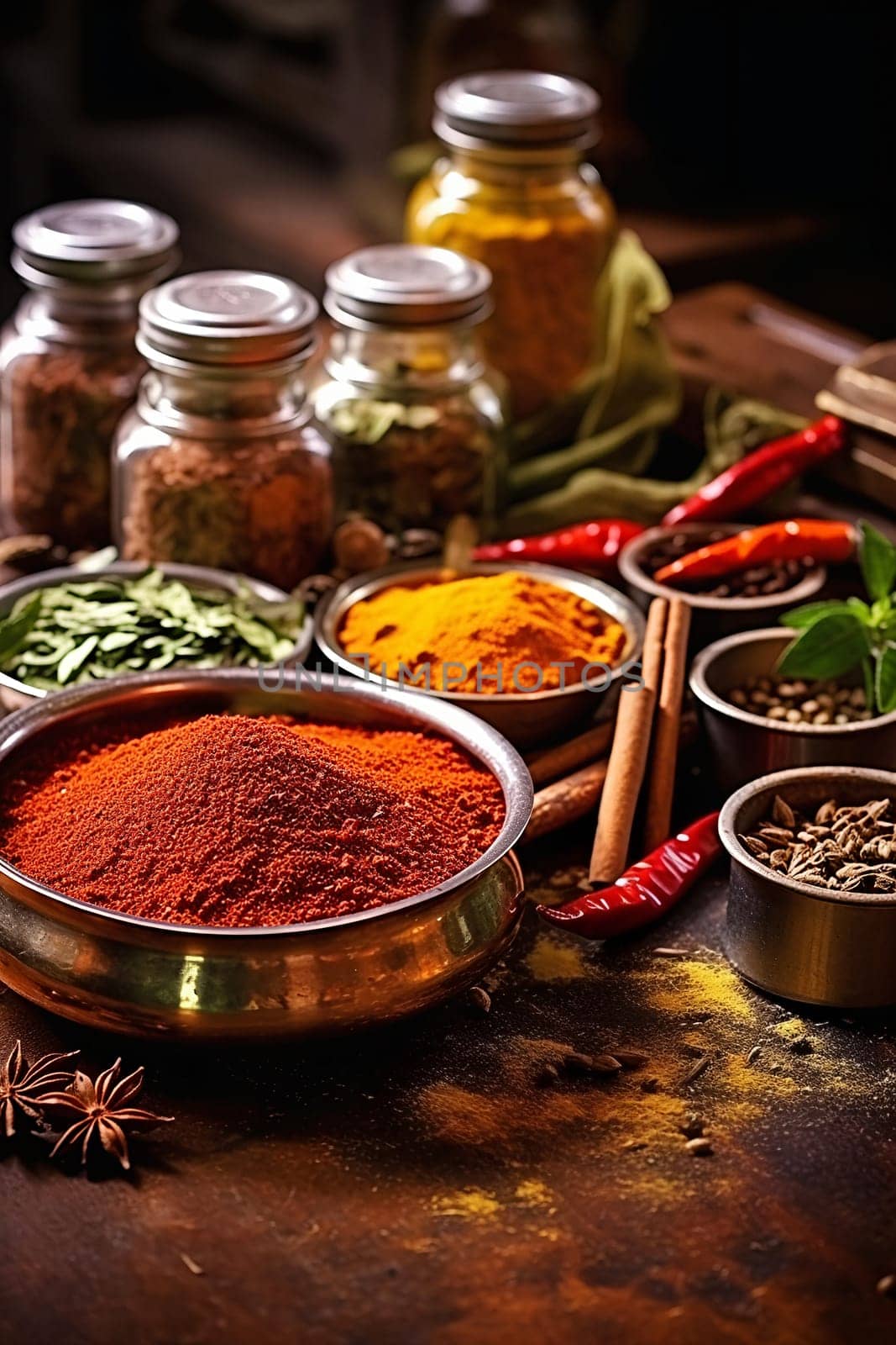 Aromatic Spices and Herbs on Rustic Kitchen Table by chrisroll