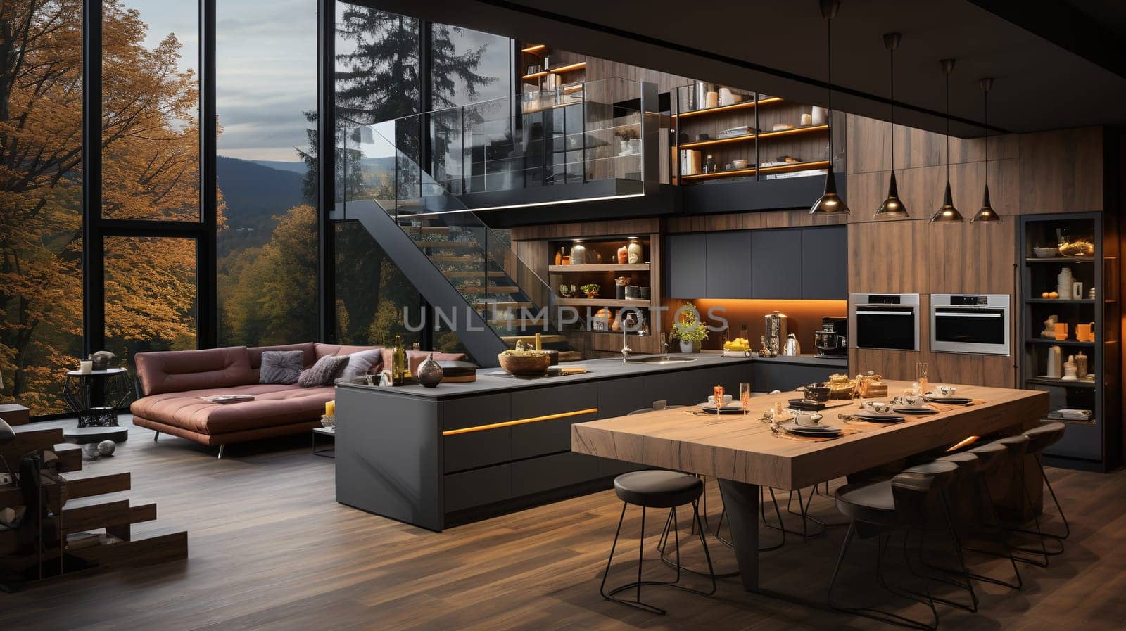 Modern Mountain Home Interior at Twilight by chrisroll