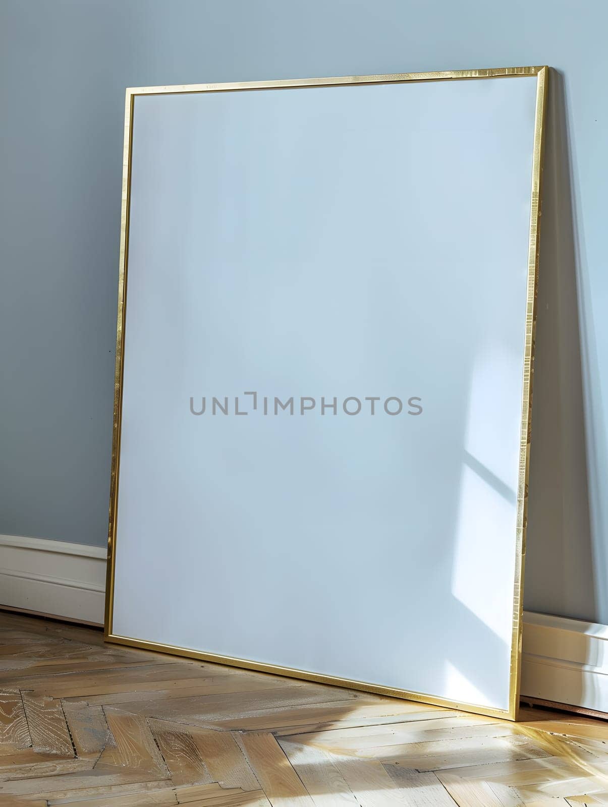 A rectangle whiteboard with a gold picture frame is placed on a wooden hardwood floor, showcasing a perfect blend of art and office supplies