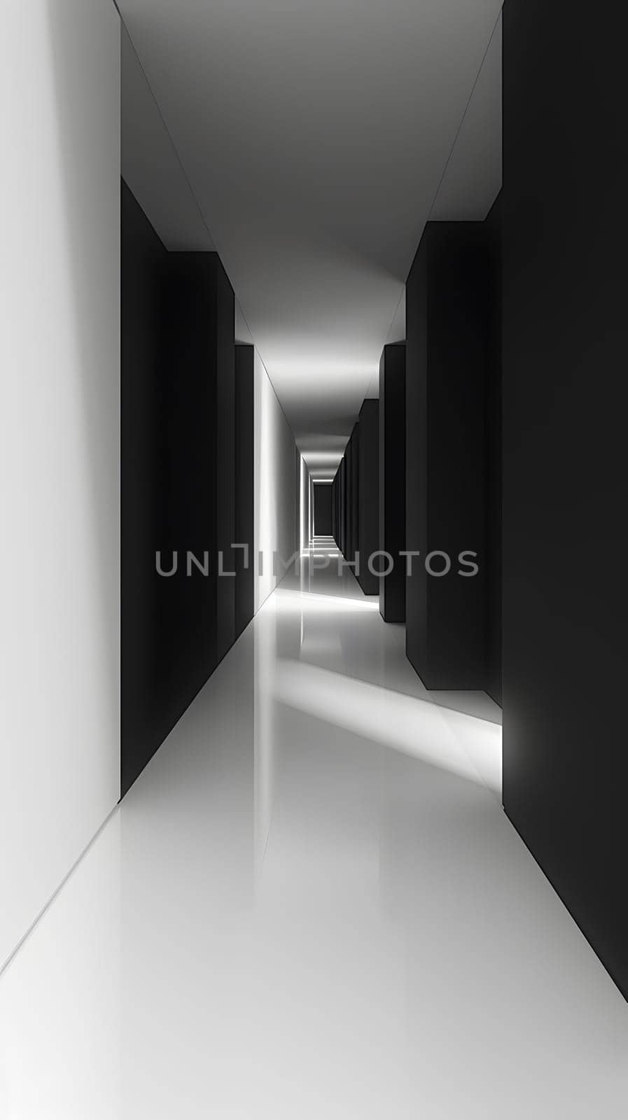 A monochrome hallway in a building with grey flooring, wood fixtures, and a light at the end. The room is illuminated with tints and shades, creating a dramatic atmosphere