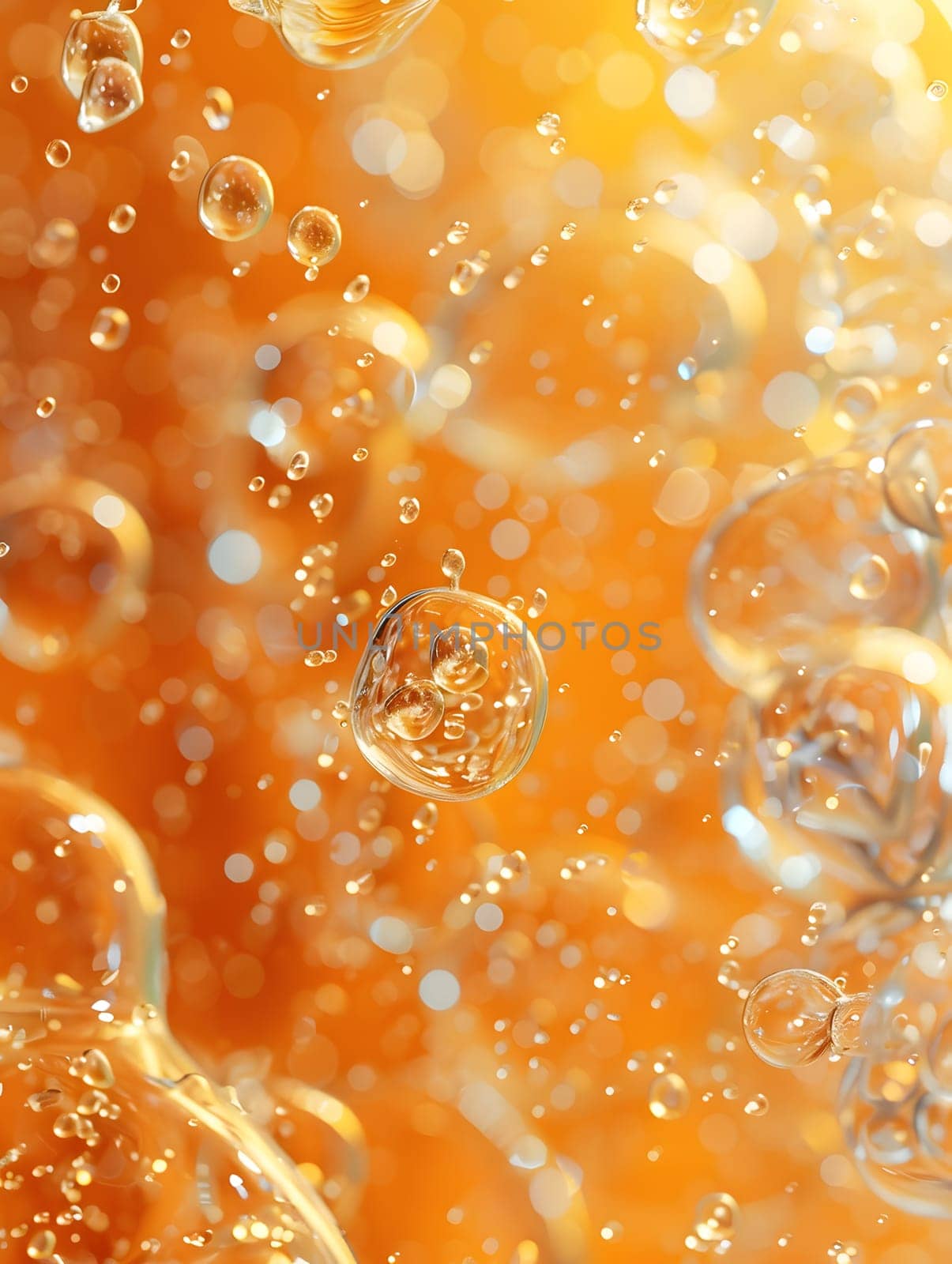 A closeup of bubbles in orange liquid, a key ingredient in this amber fluid commonly used in cuisine. Try incorporating it into your peach dish recipe for a burst of flavor