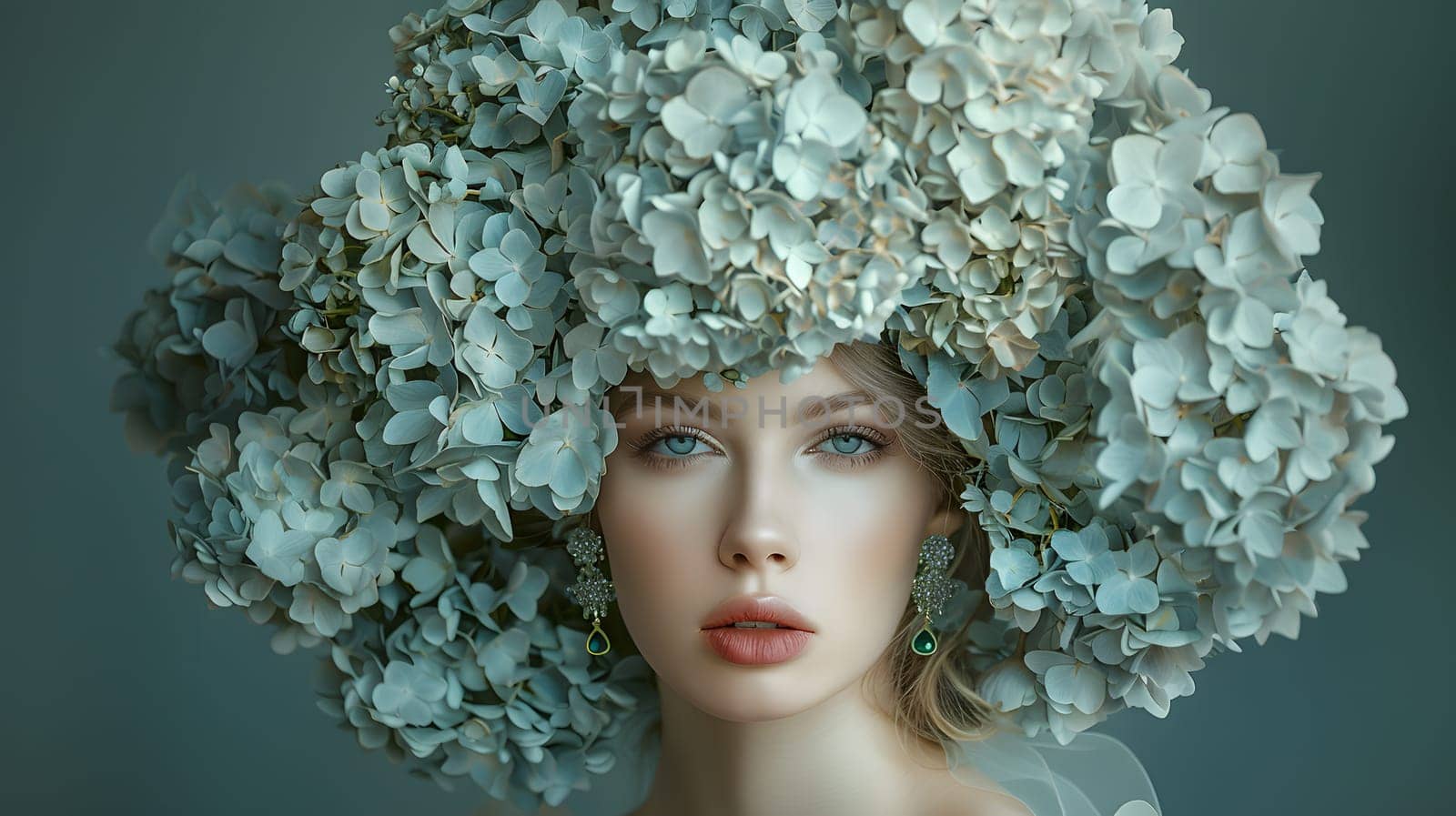 An organism with a large afro made of flowers sits on top of a human body. The eyelashes of the woman are covered in petals, resembling a blooming tree on her head. A gesture of nature and beauty