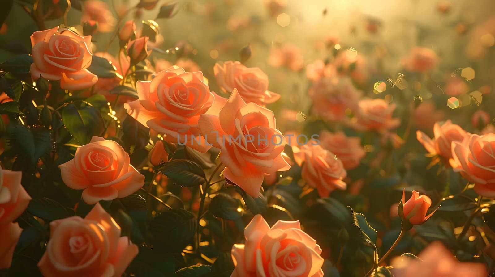 A beautiful field of hybrid tea roses with orange petals, shining under the sun. The roses stand tall among the lush green grass, creating a picturesque scene