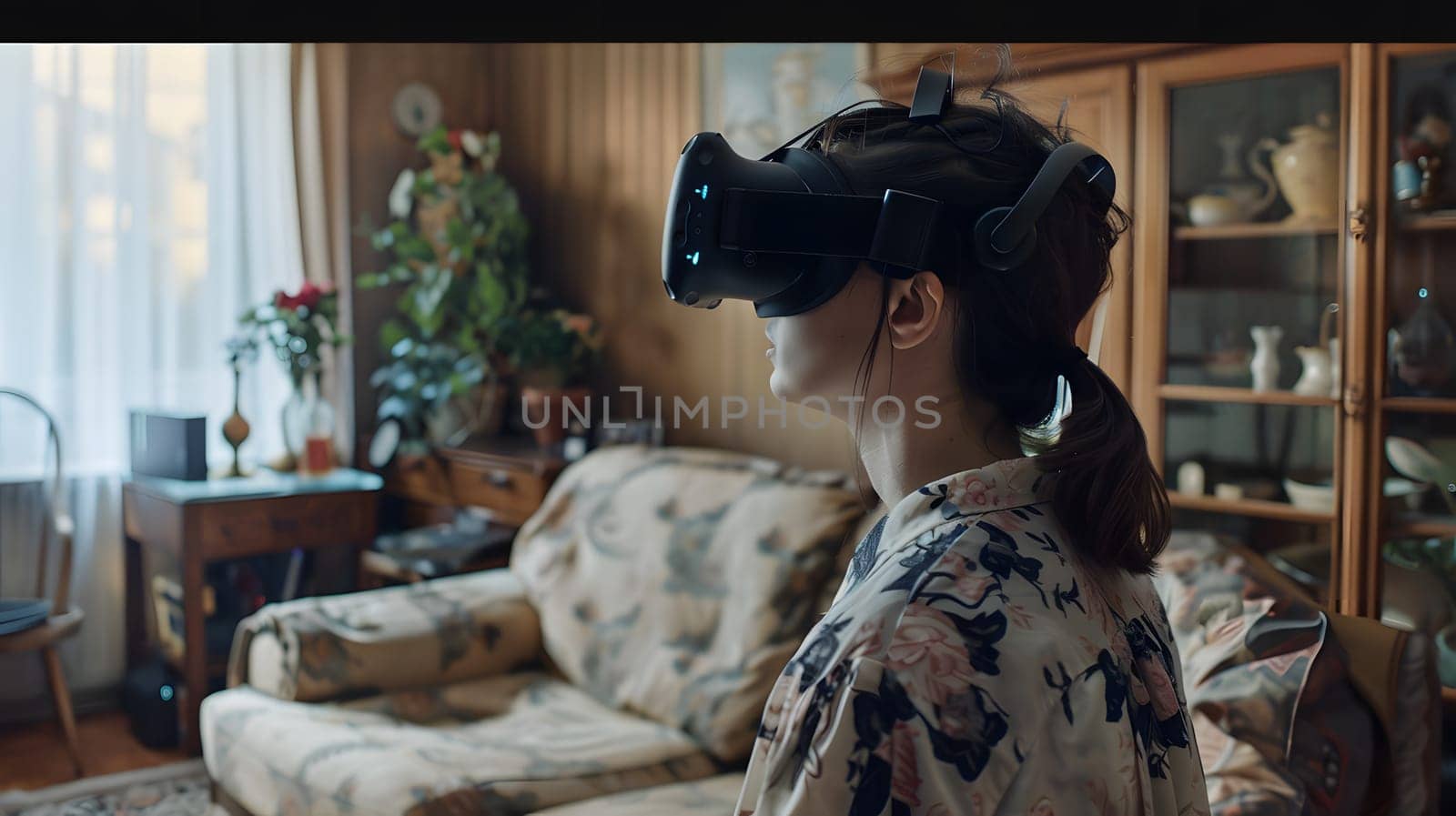 A woman is immersed in virtual reality while sitting on a comfy couch in a living room filled with houseplants and shelves