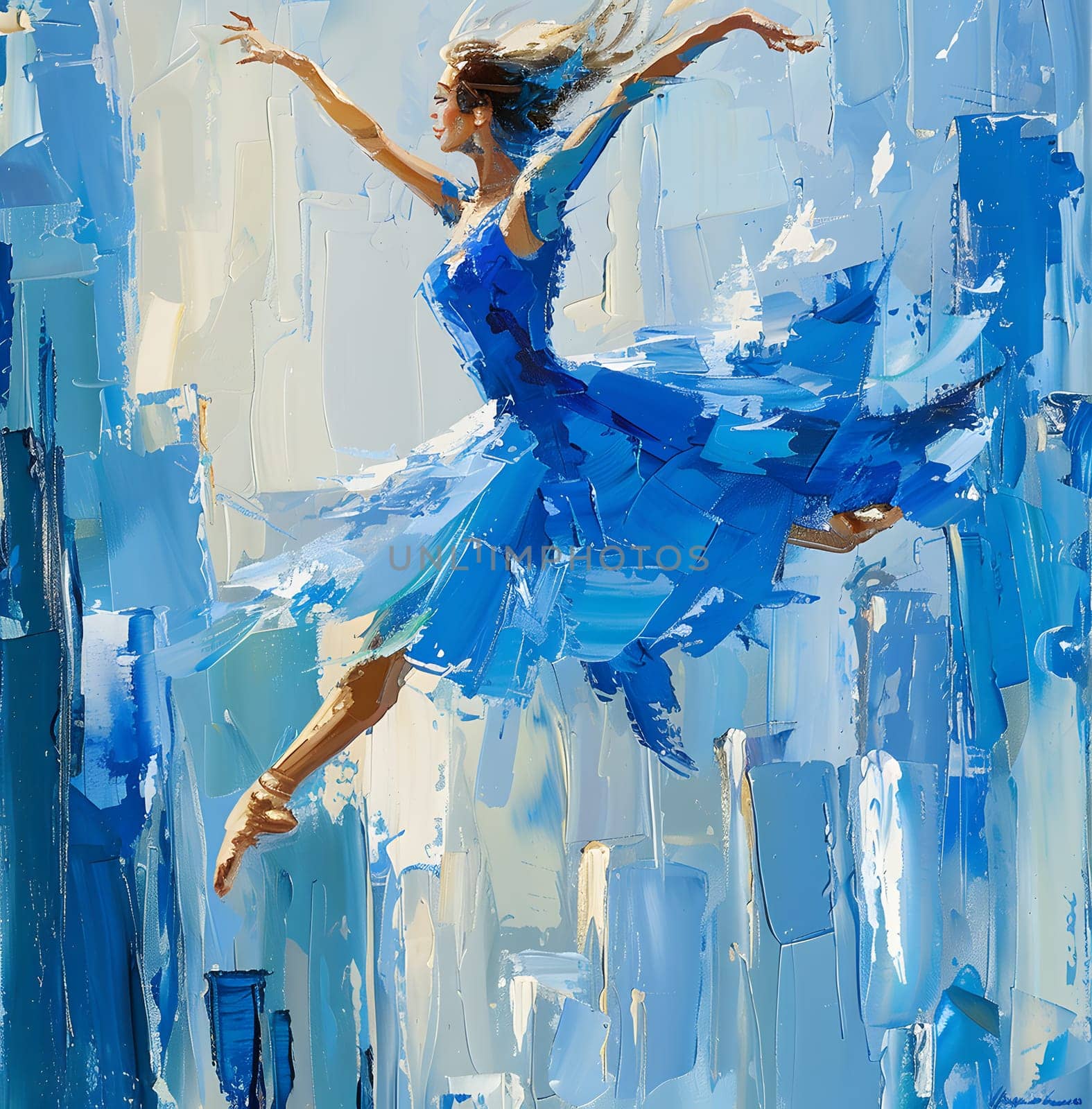 A stunning painting of a ballerina in a flowing blue dress gracefully leaping through the air, captured in beautiful shades of azure and aqua by a talented artist