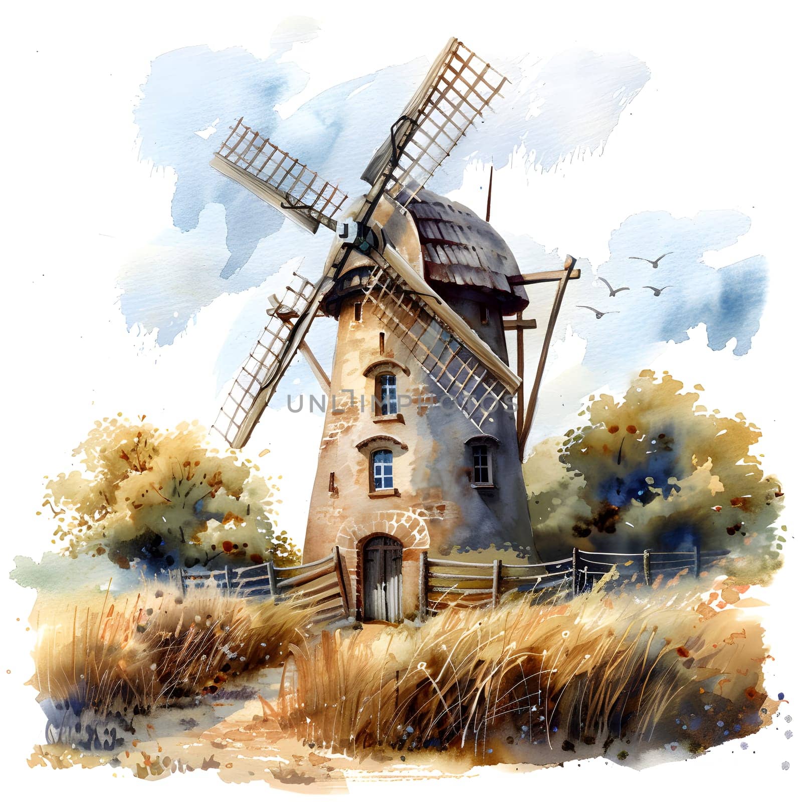 Artistic watercolor of windmill in a field under cloudy sky. High quality illustration