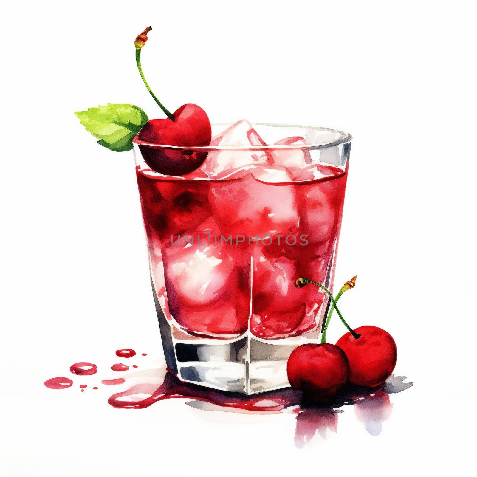 Cocktail Day with Cherry, Ice and Mint Leaves. Hand Drawn Coctail Day with Berries Sketch on White Background.