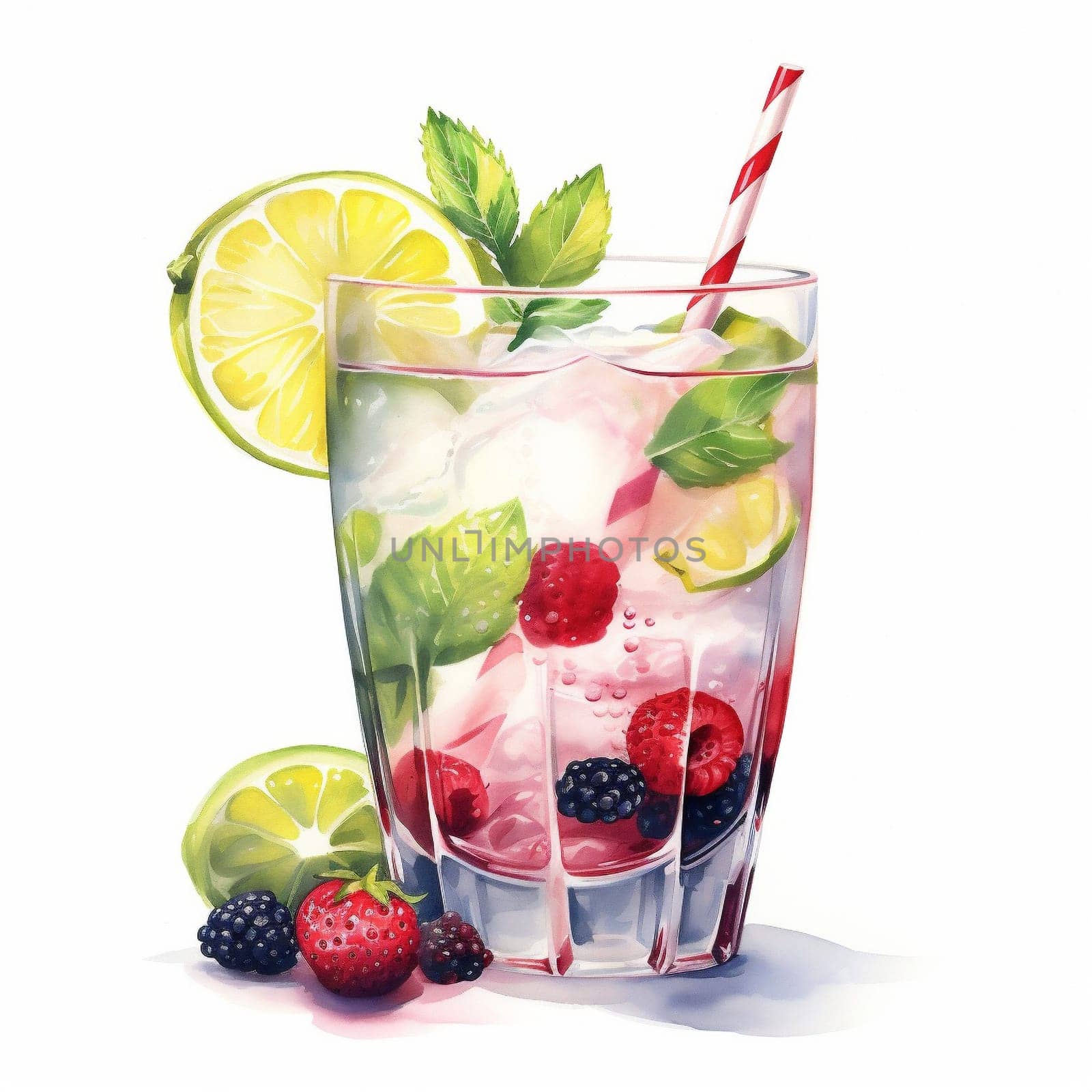 Cocktail Day with Berries, Fruits and Mint Leaves. Hand Drawn Coctail Day Sketch on White Background.