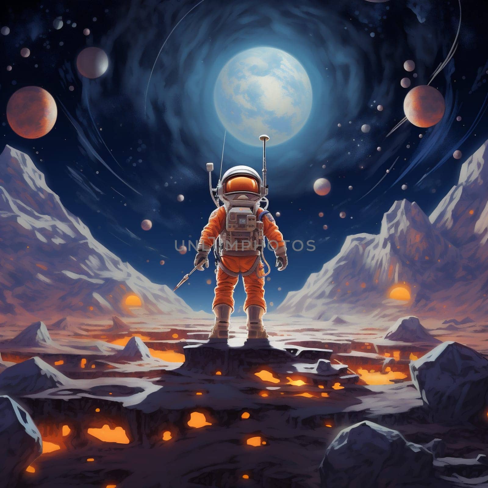 Astronaut in Space Suit Standing on an Unknown Planet Looking at the Galaxy. by Rina_Dozornaya
