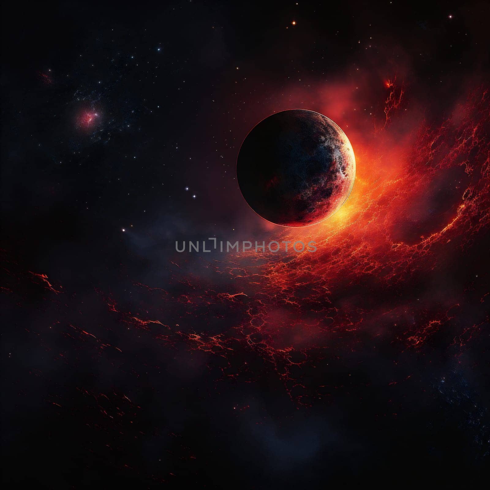 Red Galaxy in Deep Space. The Planet in the Dark Space. Illustration of the Infinite Universe.