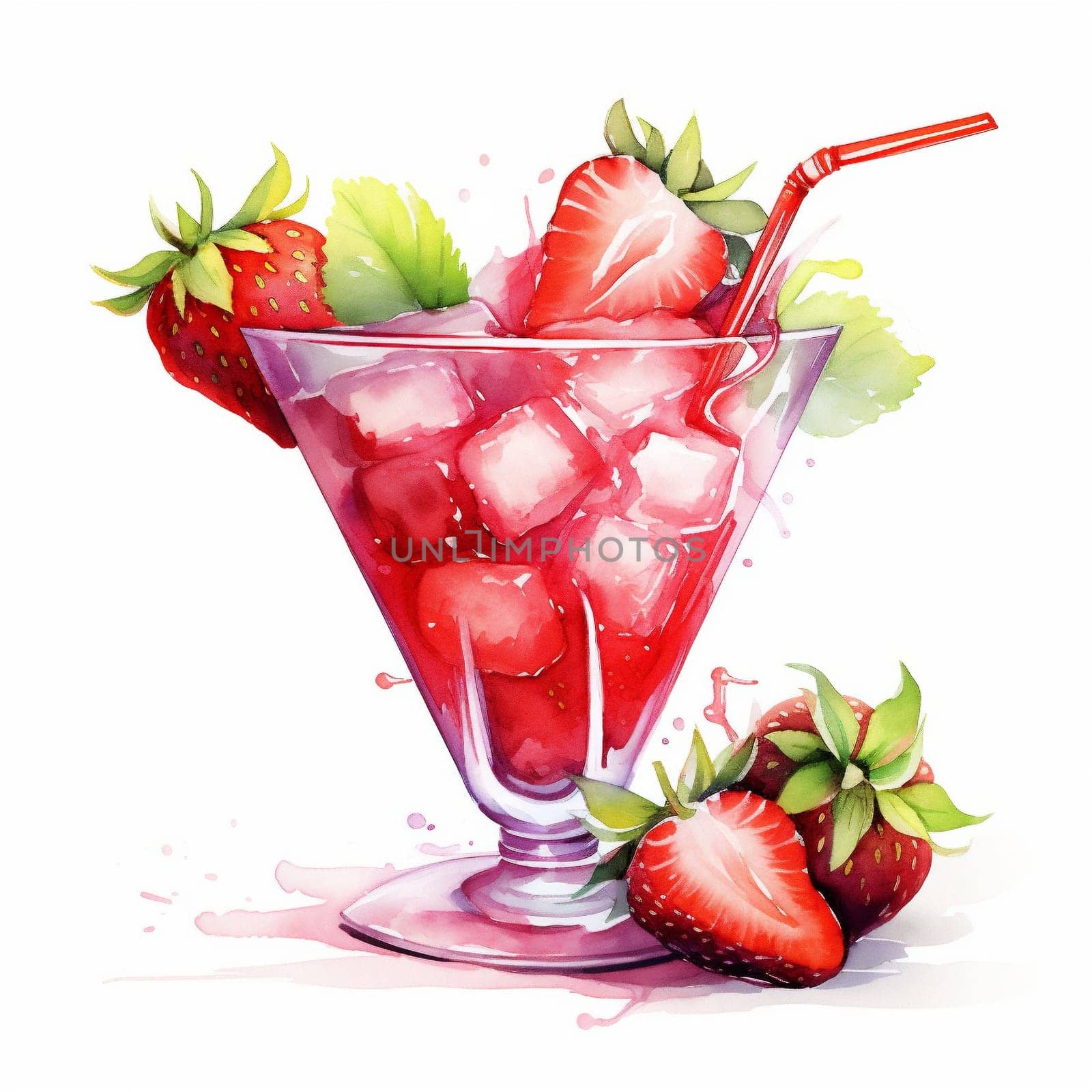 Cocktail Day with Strawberry, Ice and Mint Leaves. Hand Drawn Coctail Day with Berries Sketch on White Background.
