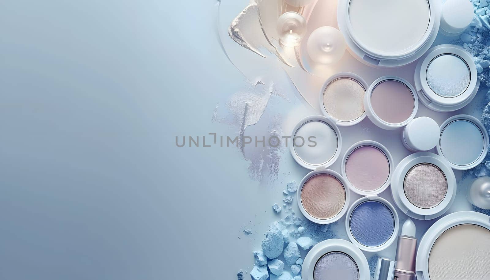 A collection of liquid and waterbased makeup products displayed on a blue background, featuring vision care items, finger application tools, transparent materials, and electric blue accents