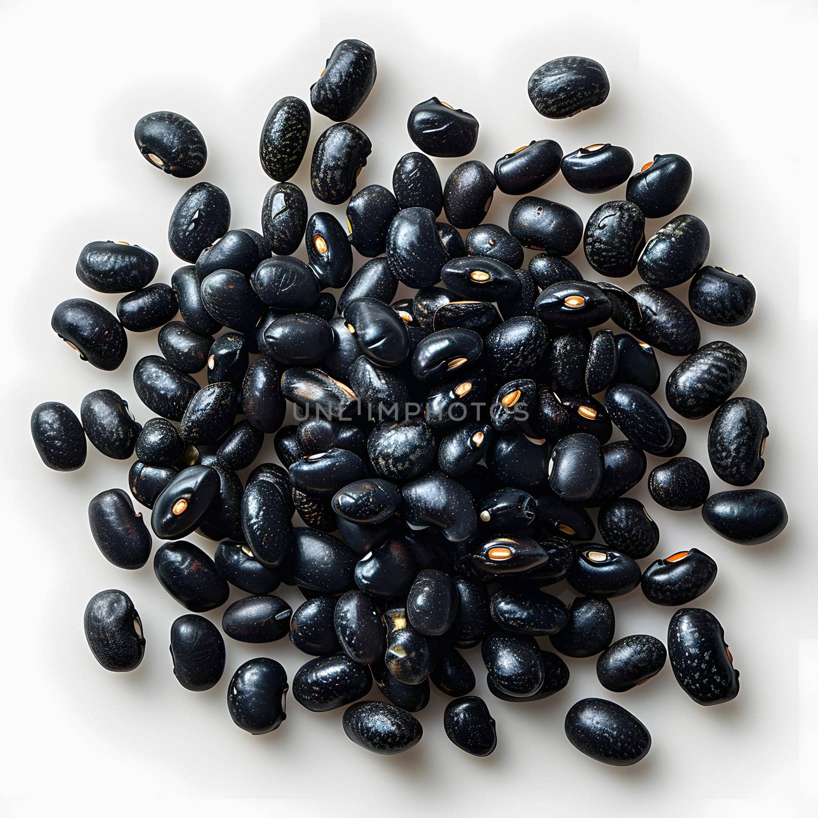 Food A pile of black beans, a natural produce, on a white surface by Nadtochiy