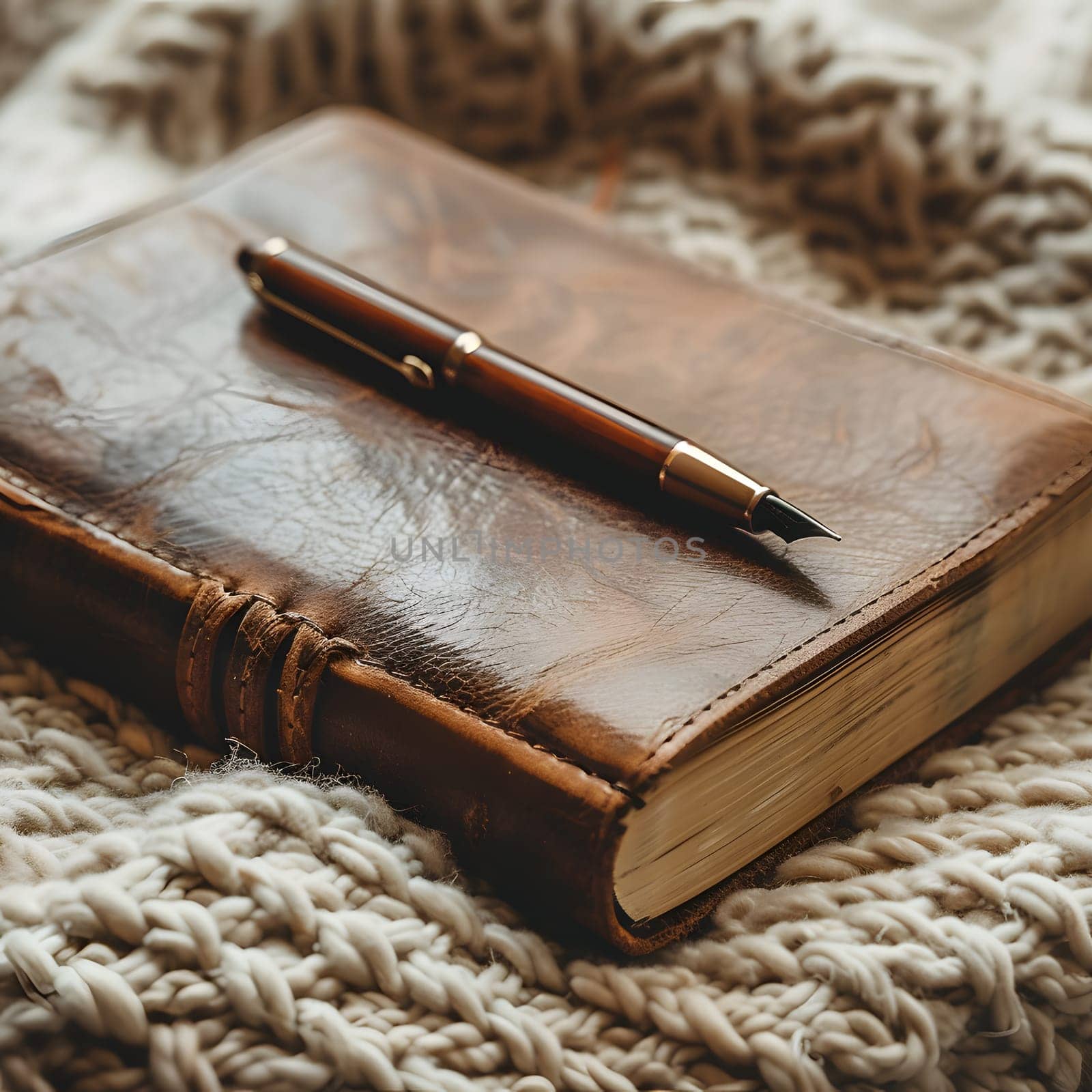 Brown leather book with pen on top, resting on hardwood surface by Nadtochiy