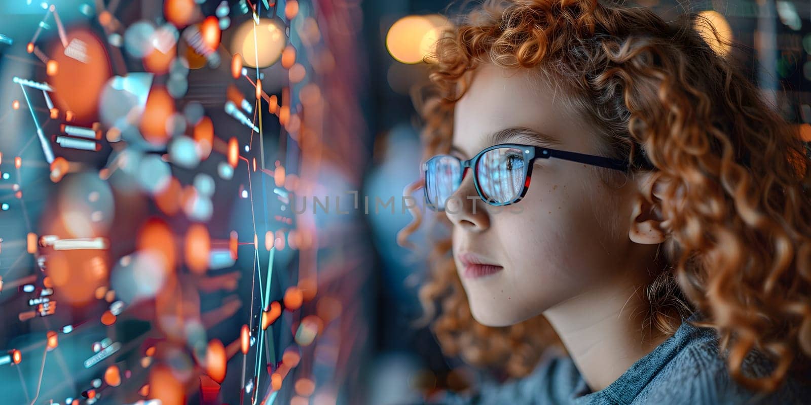 A young girl with black hair and ringlet hairstyle is happily looking at a computer screen while wearing glasses to take care of her vision. Her eyelashes and eyewear reflect the flash photography