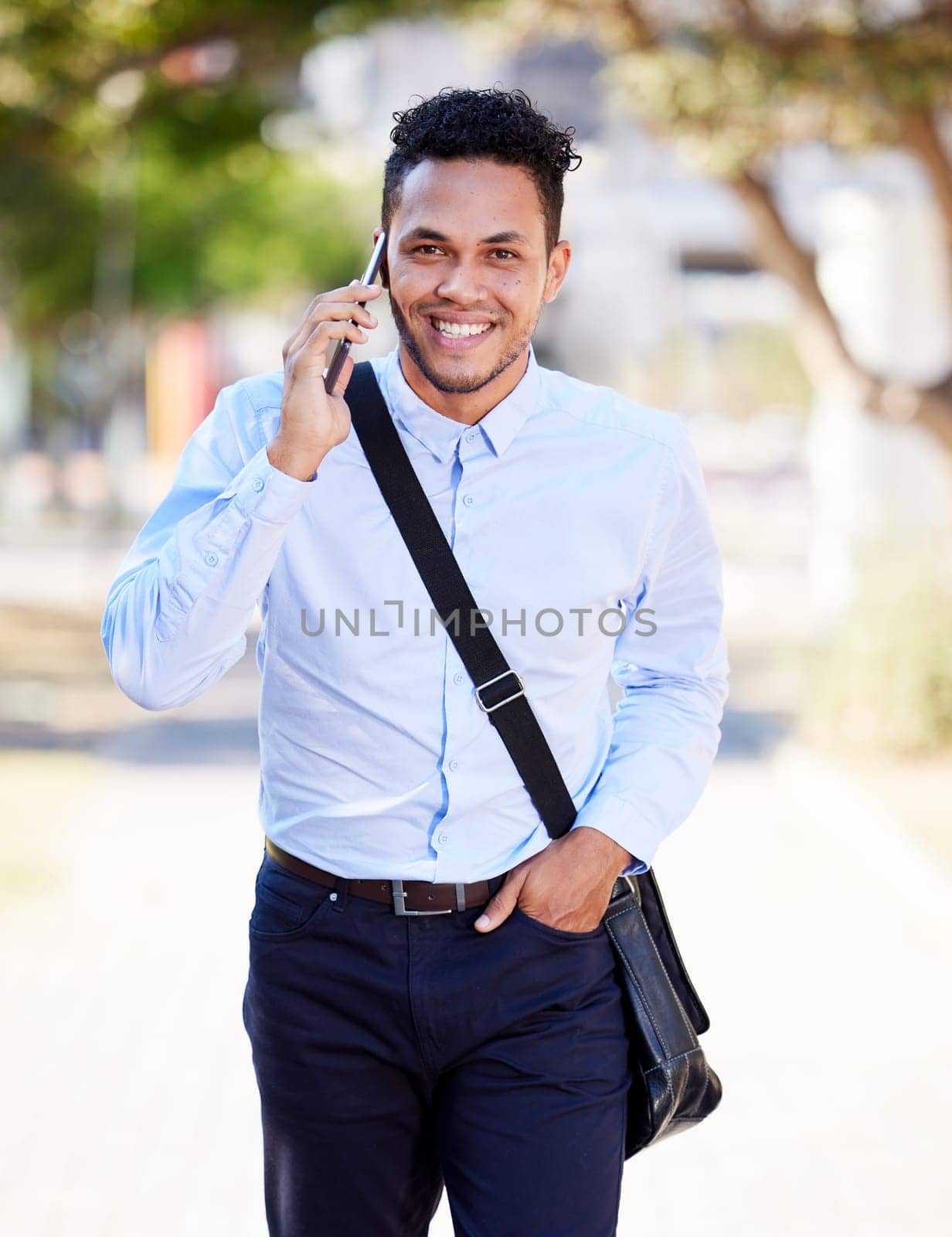 Smartphone, portrait and businessman in city and phone call for business networking and commute to corporate company. Man or entrepreneur, happy and cellphone for communication and professional