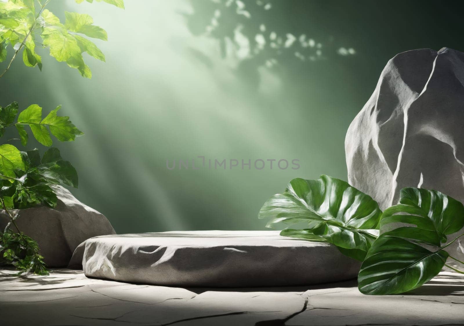 Stone podium scene summer green leaf background. Stone podium mockup with green tropical plants leaves Natural stone concrete podium, tropical forest green leaves. Empty showcase product presentation