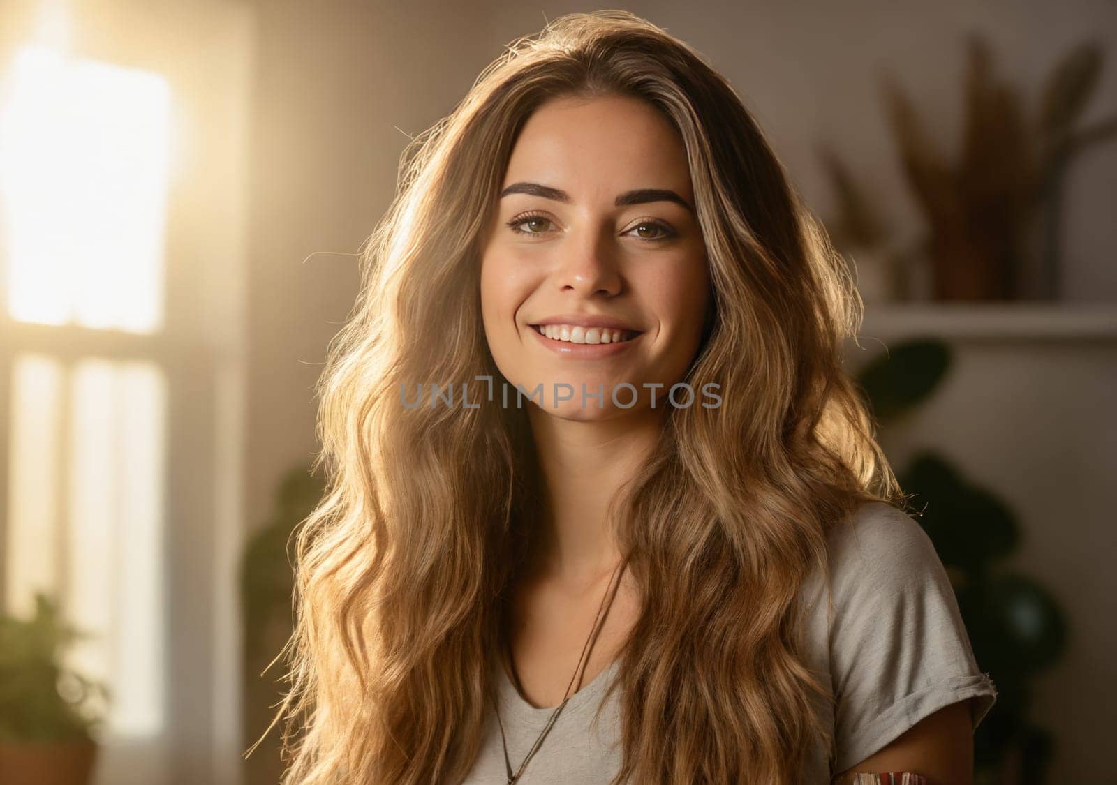 Young millennial woman with layered long hair is smiling for camera, showcasing her beautiful smile, lips, and eyebrows. Beautiful longhaired millennial woman smiles in room interior background