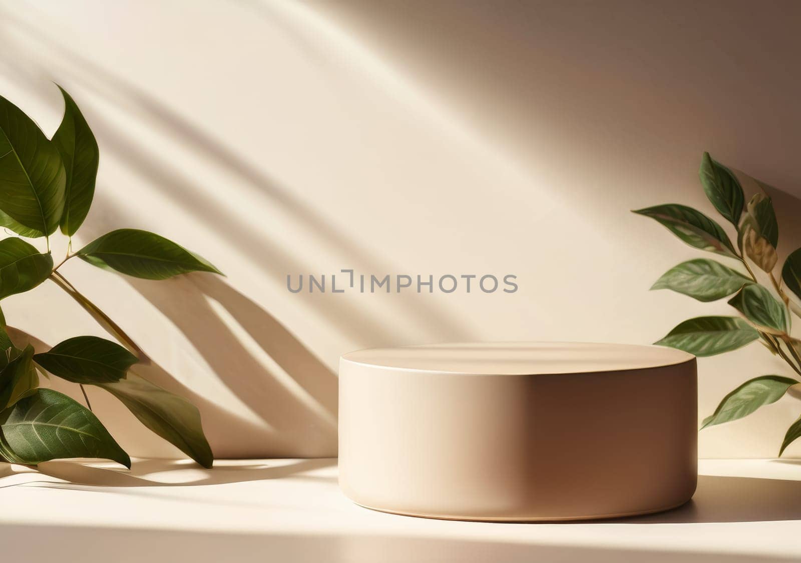 Blank beige brown circle counter podium in beautiful sunlight with shadows, Leaf shadow beige wall luxury organic cosmetic, skincare, beauty. Showcase stage display. Pedestal for product presentation