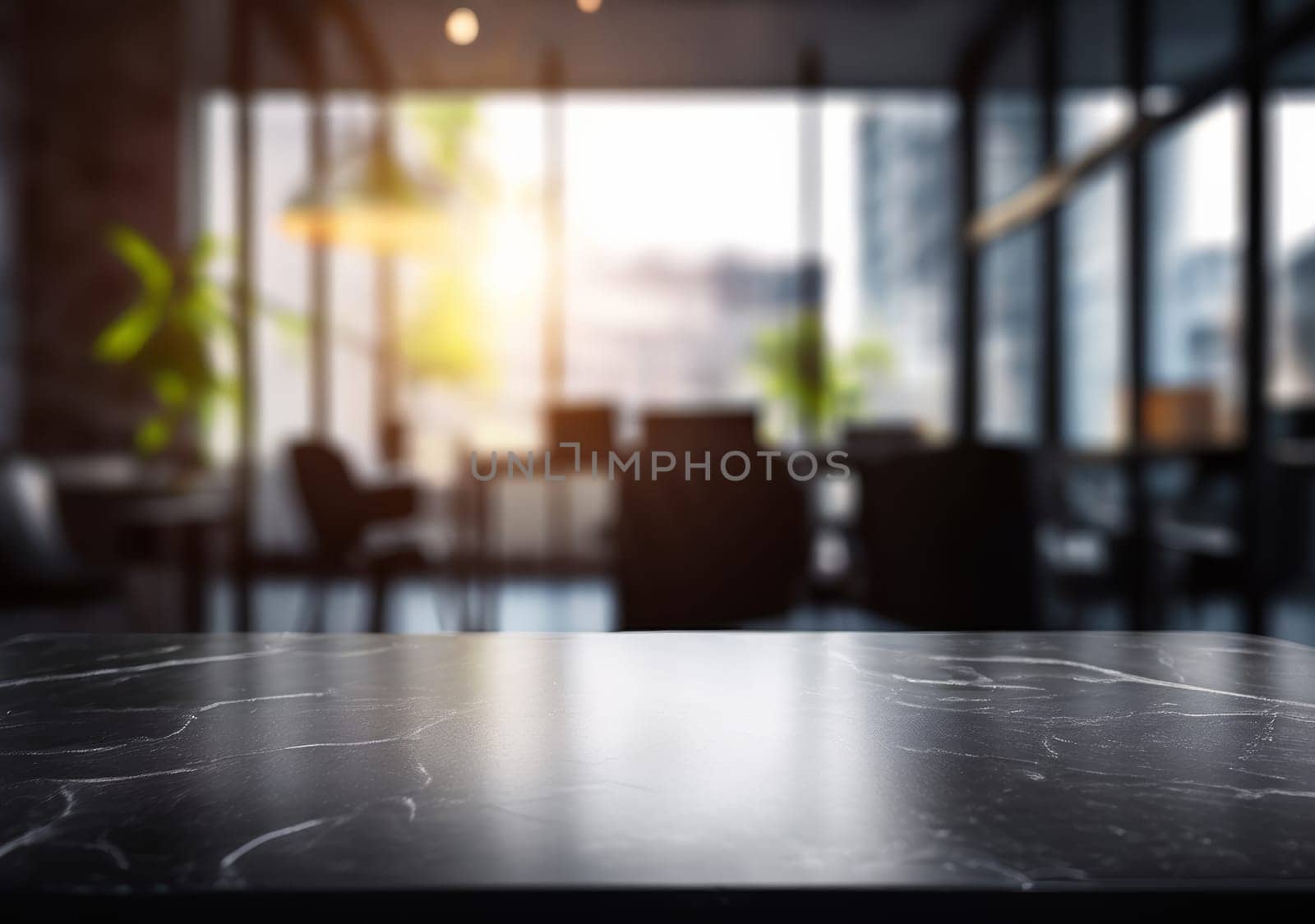 Black stone table top and blurred bokeh office interior space background. Dark marble table on blurry background of office, restaurant or cafe interior