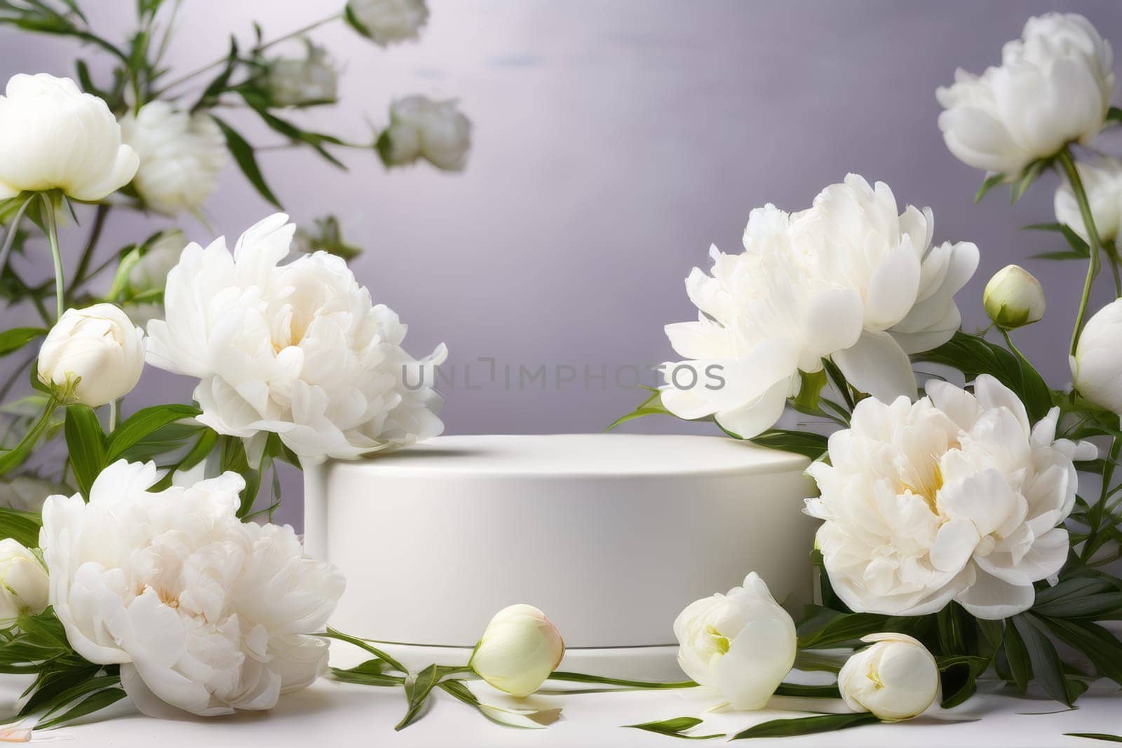 Low Empty Podium with background white peonies flowers. Podium mockup for product 3d. spring table beauty stand display nature. Podium adorned with pink flowers. Display with flowers for cosmetic