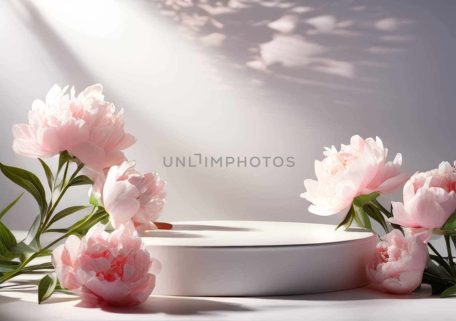 Low Empty Podium with background pink buds peonies flowers. Podium mockup for product 3d. spring table beauty stand display nature. Podium adorned with pink flowers. Display with flowers for cosmetic