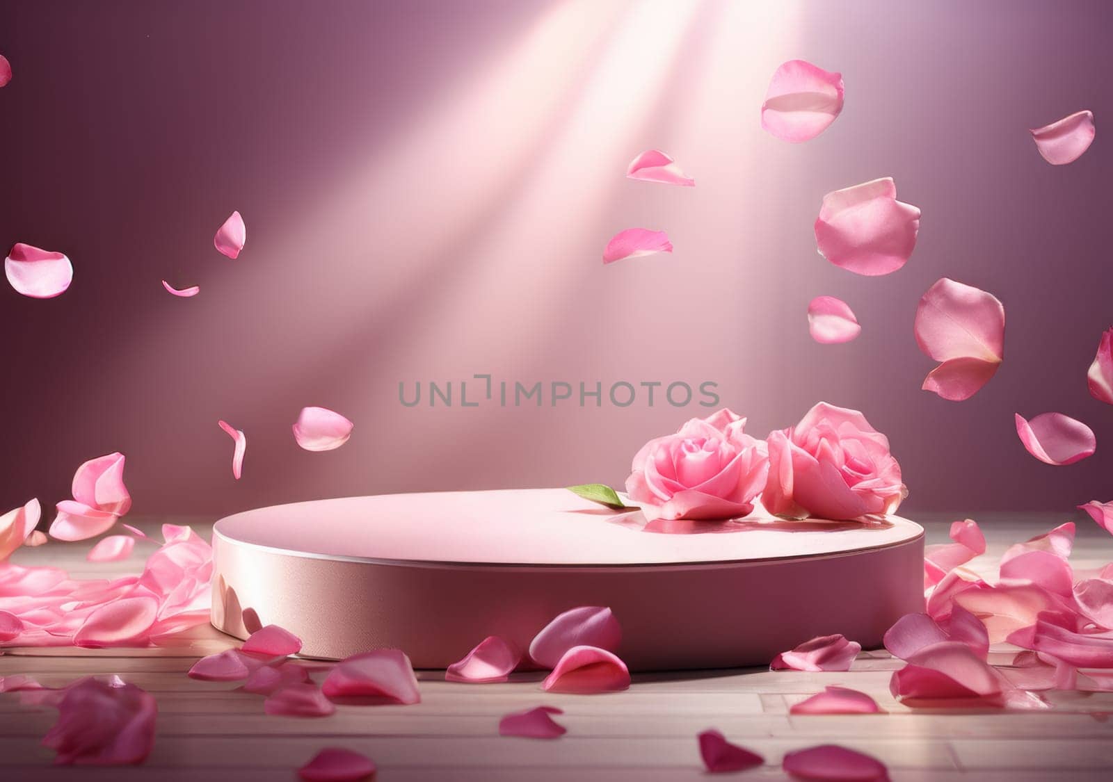Podium adorned with pink rose petals and flowers by fascinadora