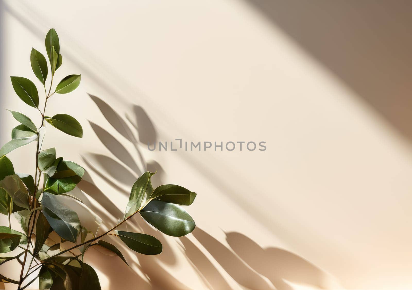 Minimalistic abstract gentle light beige wall background for product presentation or social media stories backdrop template. Green leaves aesthetic with beautiful light and intricate shadow.