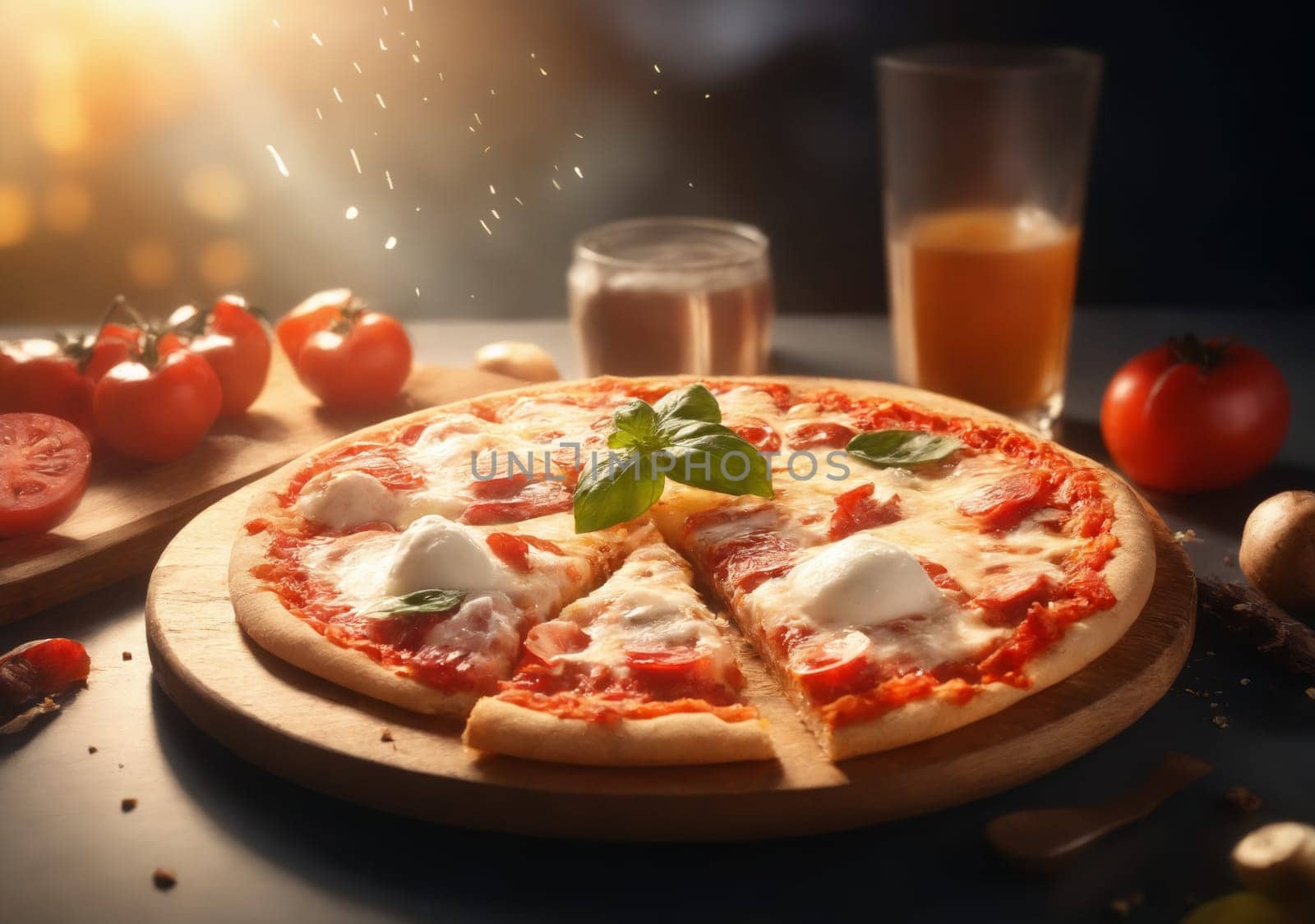 Fresh Homemade Italian Pizza Margherita with buffalo mozzarella and basil. Neapolitan pizza slice