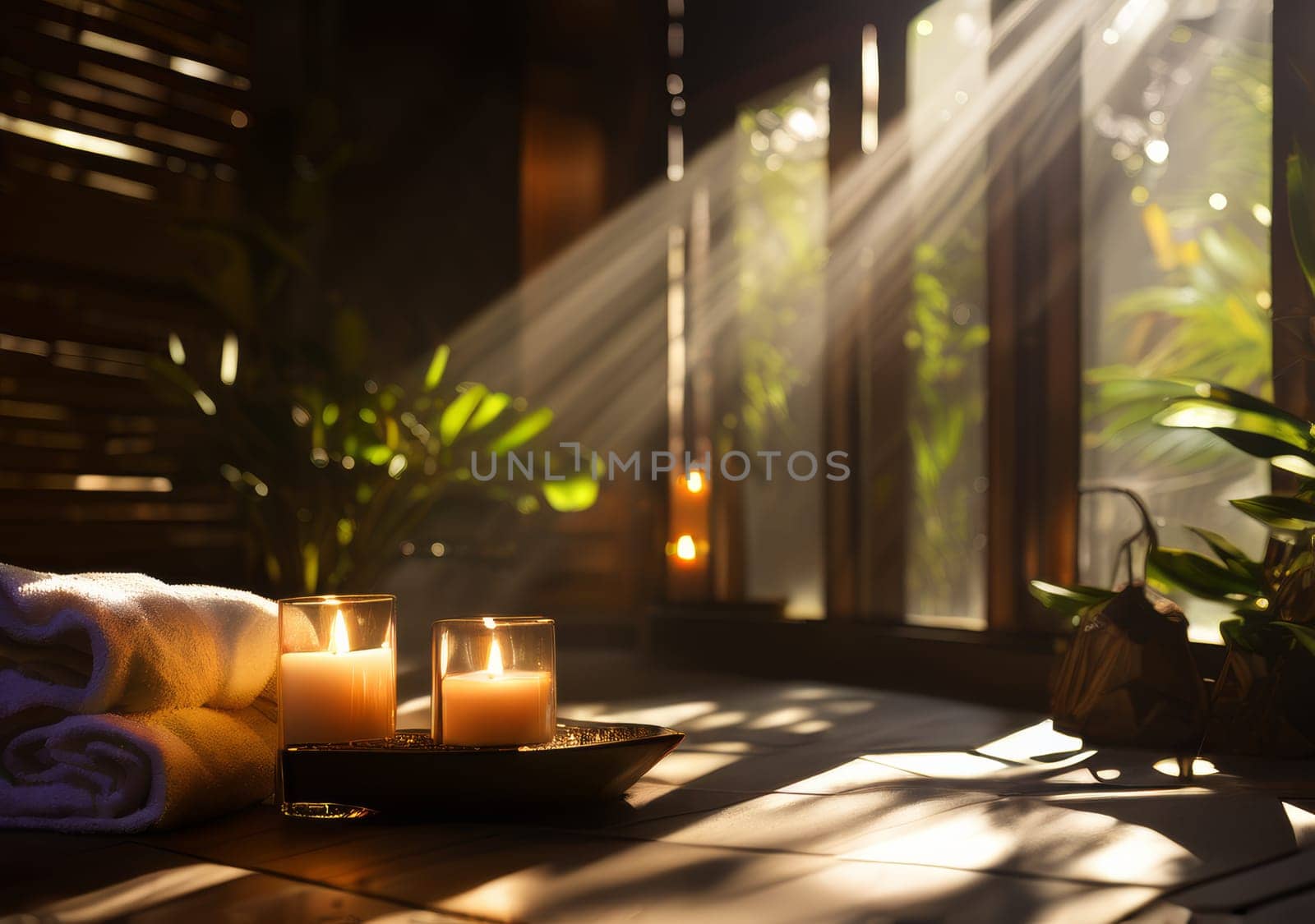 Beautiful aesthetic spa room with candle. Spacious room with large windows in private house. SPA, resort and relax concept